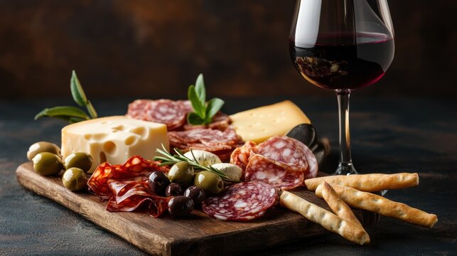 Italian antipasti wine snacks set with various cured meats, cheeses, olives, and breadsticks arranged on a rustic wooden board, 