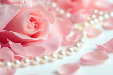 Close-up of a pink rose with pearl necklace and petals on white background.