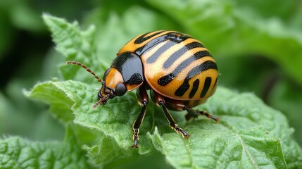 Fototapeta premium The Colorado potato beetle is a destructive pest that can cause significant damage to potato crops. Its voracious appetite for green potato leaves can lead to defoliation and reduced yields