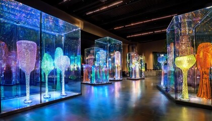 Illuminated glass sculptures in a gallery.