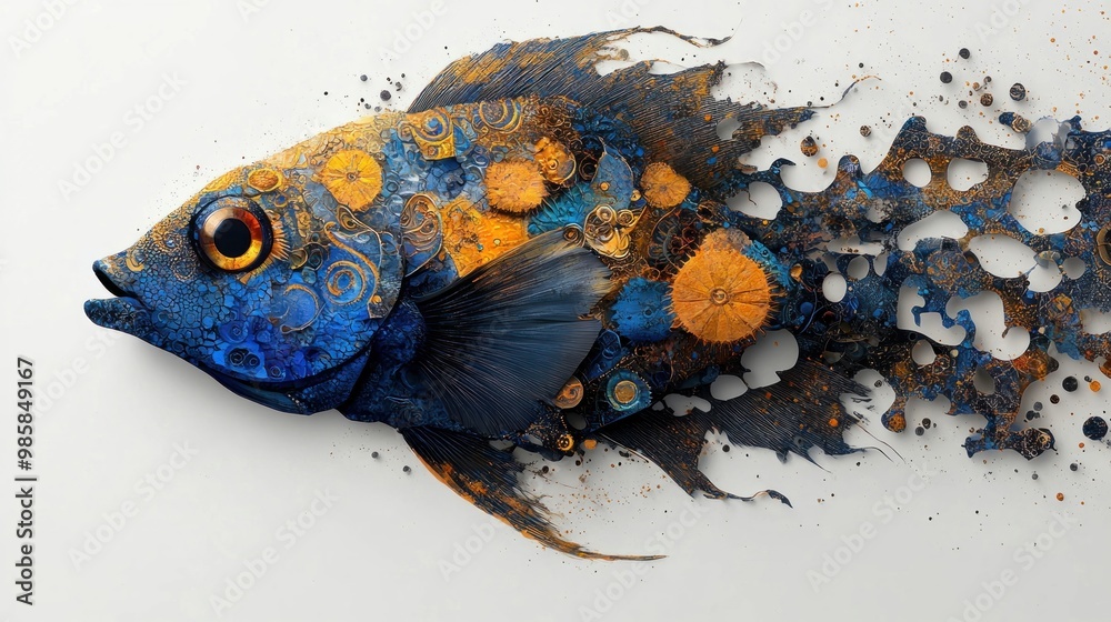 Aufkleber abstract fish with blue and gold patterns.