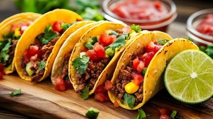 A delicious display of tacos filled with meat, vegetables, and garnished with fresh toppings, served with salsa and lime.