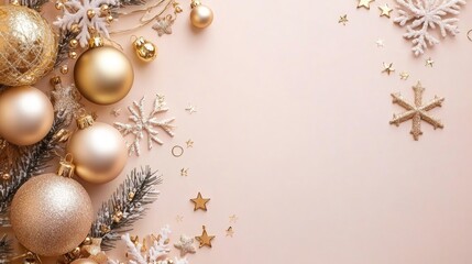 Fototapeta premium New Year Wishes! Top-view photo of chic tree decorations, golden ornaments, sparkling stars, snowflakes, sequins on a gentle pastel base, awaiting your message or advertising
