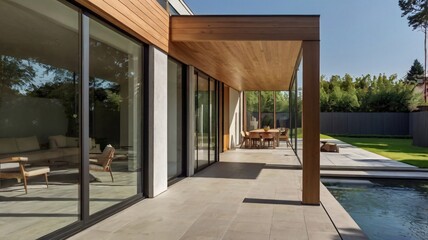 A modern two-story house with large glass windows, a minimalist facade, and a landscaped garden in the front, featuring clean lines and contemporary architecture 