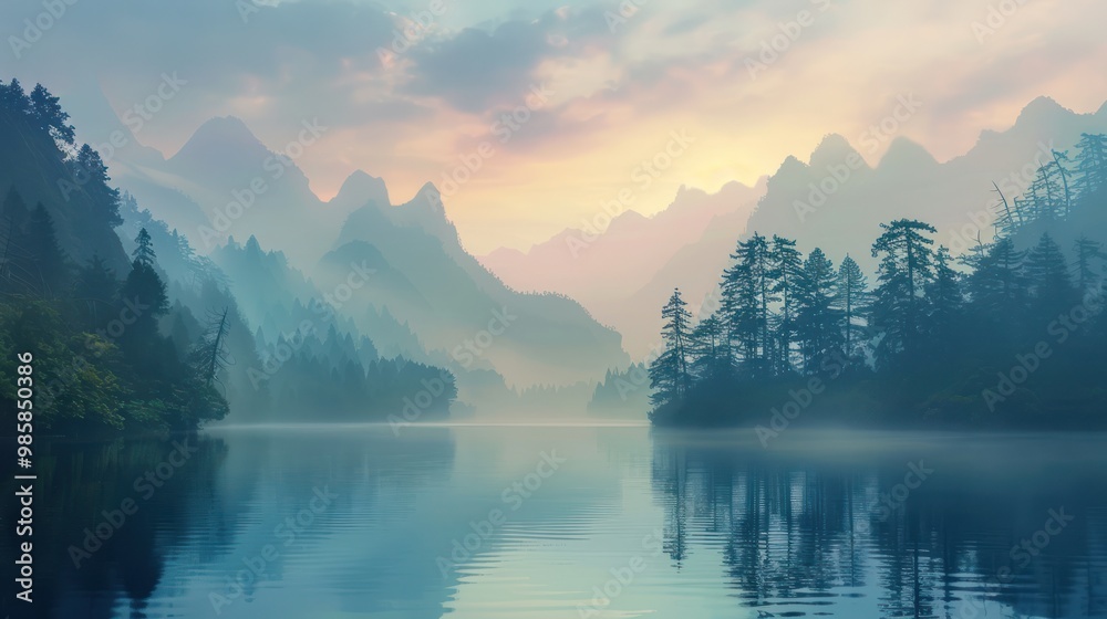 Canvas Prints misty mountain lake at dawn