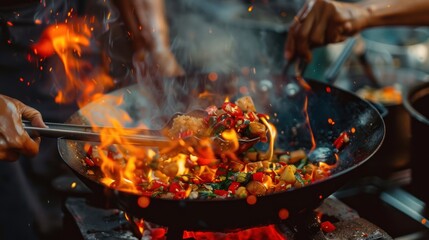 photograph of a person mixing food in a wok with flames telephoto lens summer daylight cool color