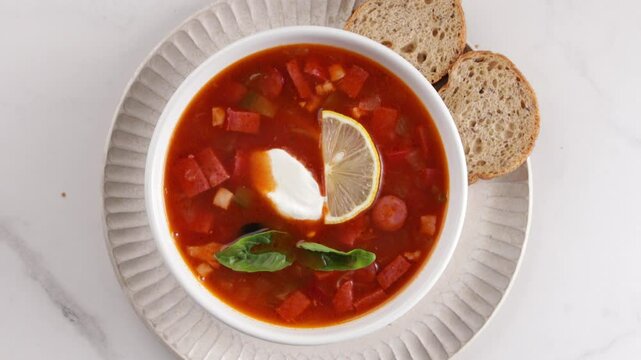 Solyanka soup in white bowl