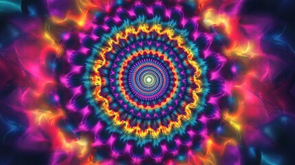 Abstract colorful psychedelic mandala with vibrant colors and glowing center.