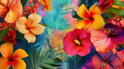 Vibrant collage of tropical flowers and bold colors, ideal for summer and travel-themed advertisements.
