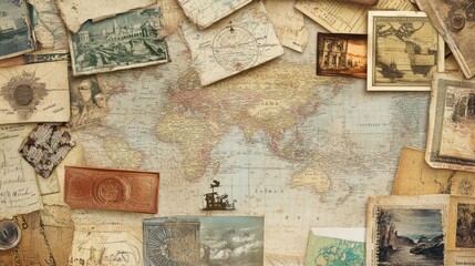 Fototapeta premium Vintage-inspired collage with old postcards, maps, and textures, great for travel-themed advertisements.