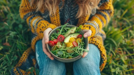 Fototapeta premium photograph of Top view of woman in jeans and warm sweater holding bowl with fresh salad, avocado, telephoto lens summer daylight cool color