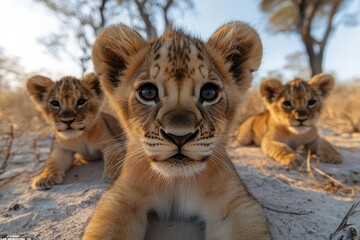 Obraz premium curious young lion cubs ultrawide angle perspective golden fur catching desert sunlight inquisitive eyes fixed on camera dusty savanna backdrop wildlife photography feel