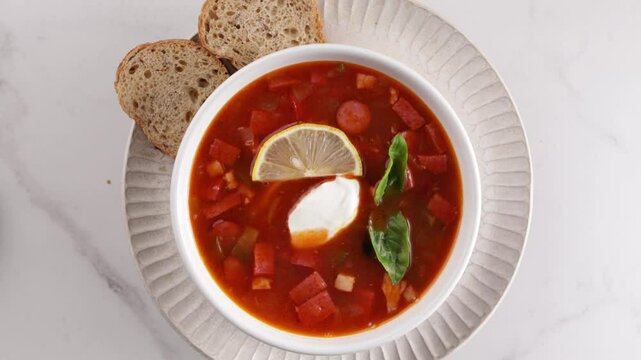 Solyanka meat red soup top view 