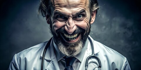 a doctor laughing evilly looking into the camera