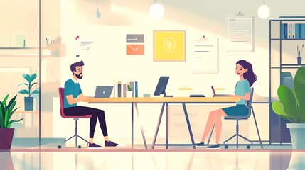 Modern office scene featuring two professionals engaged in work at a stylish table surrounded by plants and bright decor.
