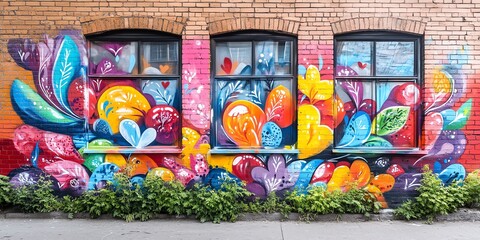 Colorful graffiti art on a brick wall with three windows.