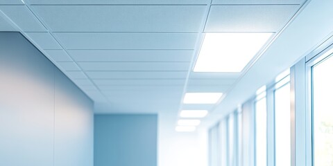 Obraz premium A modern office interior featuring bright fluorescent lights and expansive windows allowing natural light to flood in