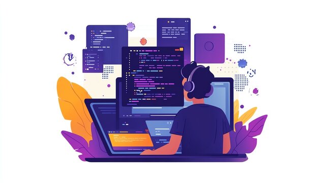 A programmer focused on coding, surrounded by colorful graphics and data visuals, showcasing modern software development.