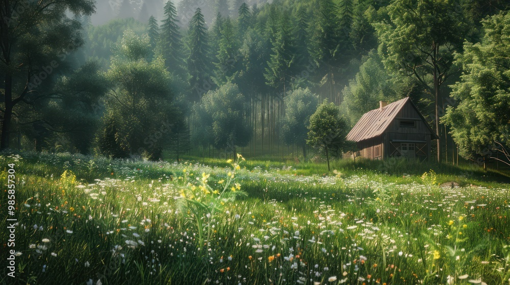 Canvas Prints forest cabin in a meadow