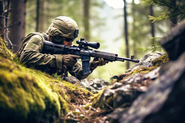 Fototapeta premium The army soldier shoots from a machine gun, kneeling, surrounded