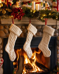 White Knit Christmas Stockings Hanging Over Fireplace