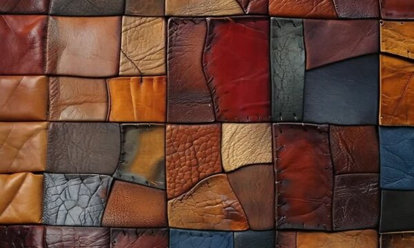 A Patchwork of Leather Squares in Various Shades of Brown, Red, and Blue