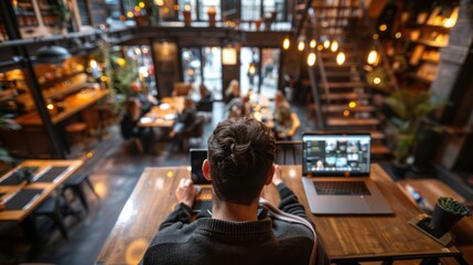 Man Working on Laptop in a Coffee Shop
