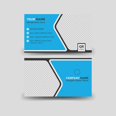 Modern geometric shape creative corporate double sided business card with blue-black combination eps editable file template layout luxury and elegant design horizontal orientation with place for photo