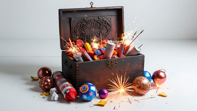 Diwali burning candles and fire cracker filled in the brown box.