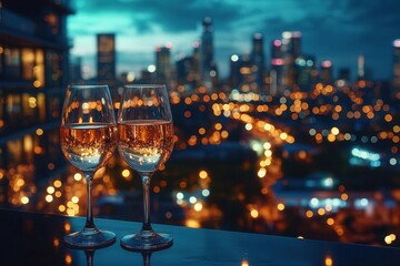 diverse business networking event professionals toasting with wine glasses animated conversations warm lighting modern venue with city skyline view successful atmosphere