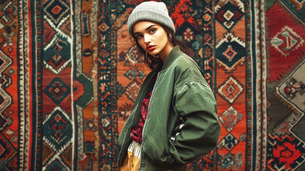 Fashion girl on the background of the carpet.