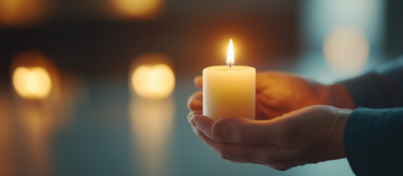 A single Yahrzeit candle flickering in a dimly lit room as a person stands quietly in reflection, honoring the memory of a loved one on Yom Kippur. The soft glow of the candle symb