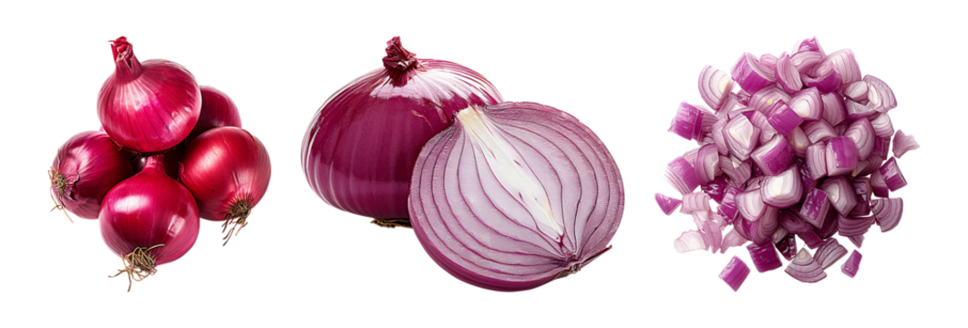 Red onions whole halved and diced on a transparent background