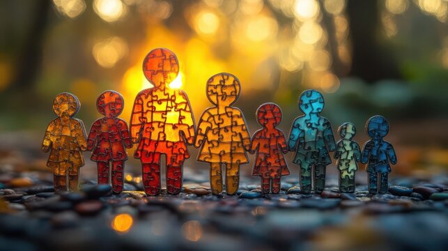 diverse family protected by a shimmering force field of interlocking puzzle pieces each piece representing different aspects of life and security