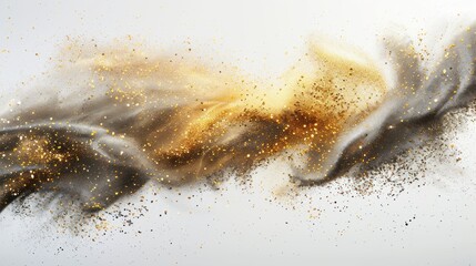 Obraz premium An explosion of metallic silver and gold paint powder on a white background. The colors are reflective and shiny, with a smooth.