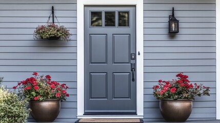 Small square ornamental windows and flower pots in front of a gray front door