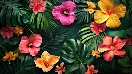 Collage of tropical elements with vibrant flowers and leaves, perfect for summer-themed ads.