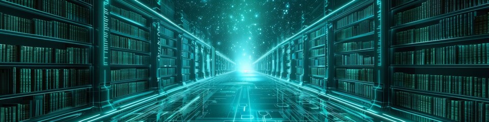 Inside a computer, a digital library with transparent, glass-like bookshelves filled with glowing, ethereal books in shades of turquoise and teal.