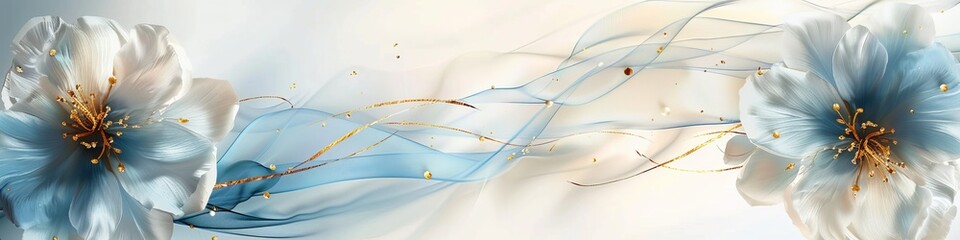 A delicate blue and gold flower on a white background, created with a smooth, satin-like texture.