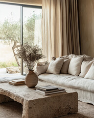 A cozy living room with earthy tones, featuring an oversized stone coffee table and textured curtains, showcases the perfect blend of comfort and style in contemporary home decor.