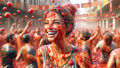 Obraz premium Young Woman Smiling at La Tomatina Festival Covered in Tomatoes