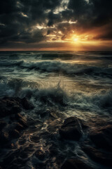 Naklejka premium Impressionism dark cloudy sunset over the stormy ocean shore, huge waves, the ocean playing jazz in coatl ziggurat