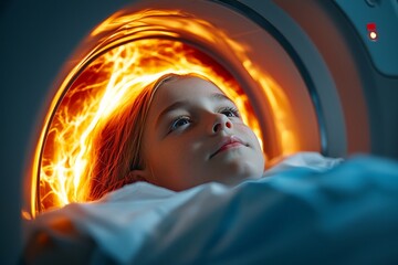 A patient undergoing an MRI scan, the machine's intricate details and the soft glow highlighting the importance of medical imaging