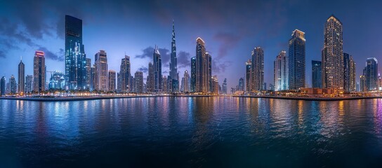 Obraz premium Urban Symphony Cityscape Reflections on Water, Reflections of a Vibrant Metropolis City Lights on Water, Skyline Mirror The Beauty of Cityscapes and Water Reflections