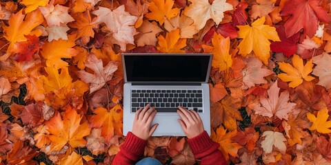 A person is typing on a laptop in a field of autumn leaves. Concept of tranquility and connection to nature, as the person is surrounded by the beauty of the fall season