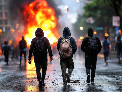 A peaceful protest turning violent as tensions rise, capturing the moment of conflict escalation