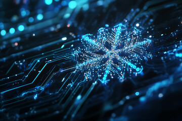 An abstract digital background featuring a Christmas snowflake, intricately designed with modern data connections, blending festive elements with technological themes