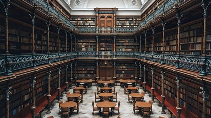 Obraz premium Grand Historic Library Interior with Wooden Shelves