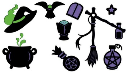 halloween magical icon set with witchy elements such as a bubbling cauldron, crystal ball, broomstick, spell book, potion bottle, and a pentagram. set of vases. set of black and white icons