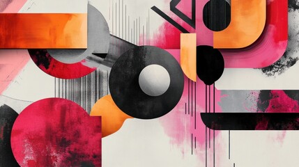 Geometric collage of colorful shapes and abstract lines, designed for modern and creative banner ads.
